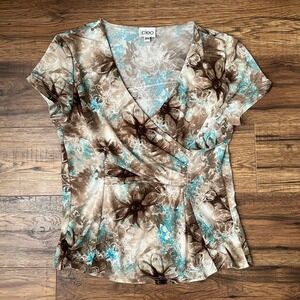 Cleo Y2K Floral Wrap Top Brown Blue‎ Abstract Print V-Neck Stretch Blouse Medium